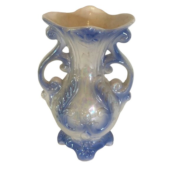 Victorian Lusterware Ceramic Vase Double Handle Footed Pink Roses 8.25" Vintage - Picture 3 of 7